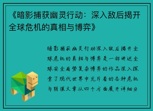 《暗影捕获幽灵行动:深入敌后揭开全球危机的真相与博弈》 《暗影捕获幽灵行动:深入敌后揭开全球危机的真相与博弈》